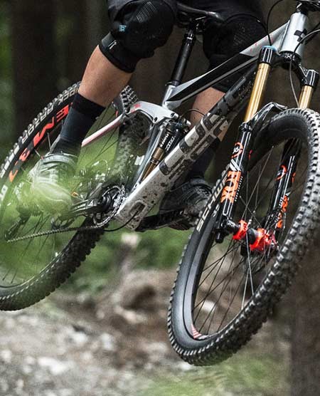 Chunky mountain bike tyres on a Cube full suspension bike